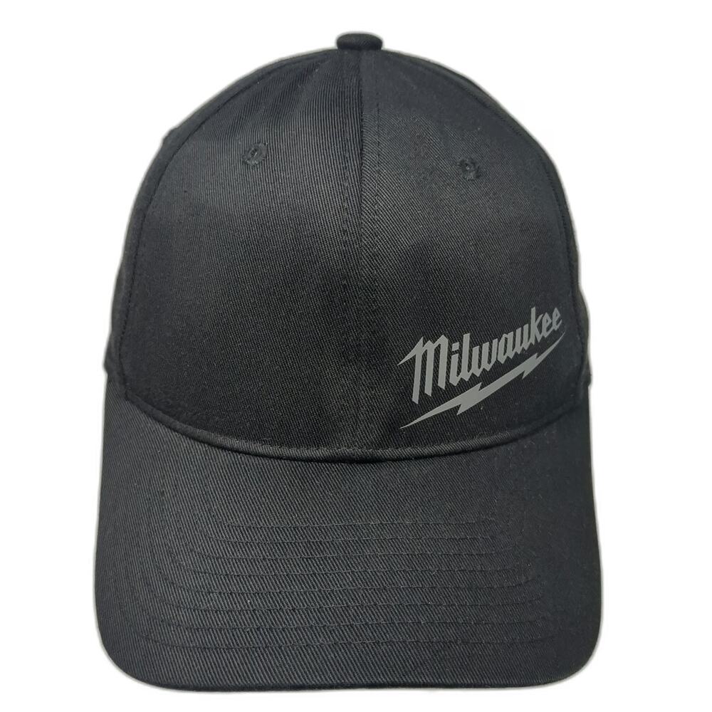 Milwaukee Tool Logo Black Cap M Stretch Fit Hat Curved Brim Gray Red Tab Work